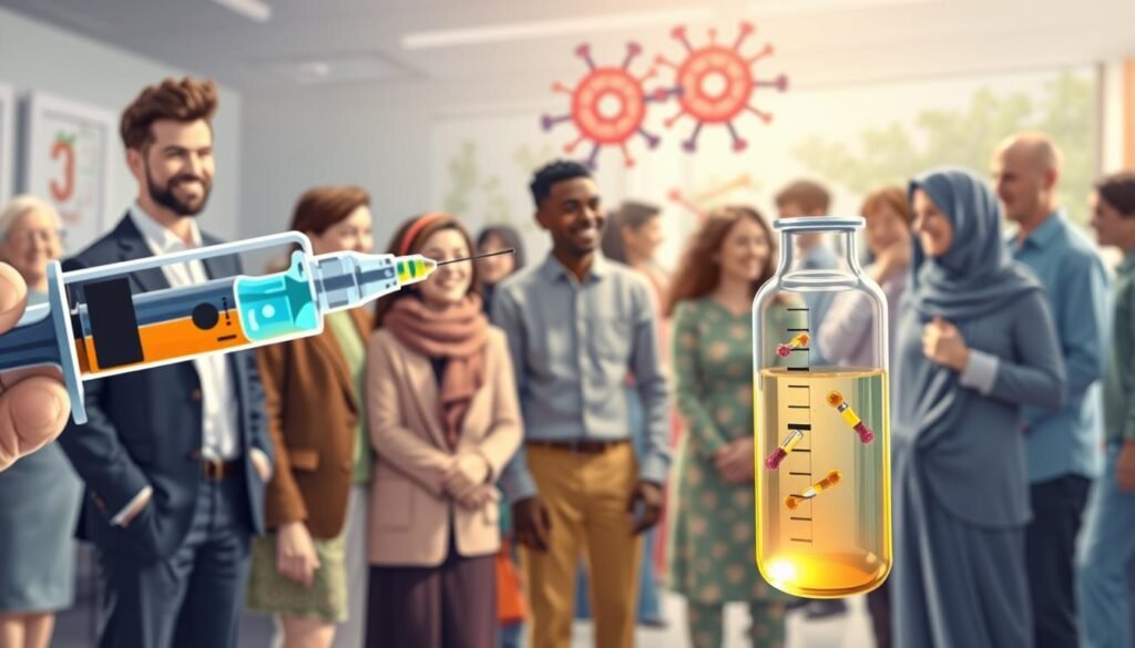 A detailed illustration of vaccine mechanism and herd immunity, featuring a diverse group of people in professional attire and modest casual clothing, smiling and engaged in a community health discussion. In the foreground, show a detailed syringe with vaccine flowing into a transparent vial, symbolizing the vaccination process. In the middle ground, include a representation of the immune system with colorful antibodies, illustrating how vaccinations work to build immunity. In the background, depict a vibrant community scene with people of various ages interacting, emphasizing the concept of herd immunity. The scene should be well-lit with soft, warm lighting, creating a hopeful and positive atmosphere. The angle should be slightly elevated, capturing the essence of community health and proactive vaccination efforts. A detailed illustration of vaccine mechanism and herd immunity, featuring a diverse group of people in professional attire and modest casual clothing, smiling and engaged in a community health discussion. In the foreground, show a detailed syringe with vaccine flowing into a transparent vial, symbolizing the vaccination process. In the middle ground, include a representation of the immune system with colorful antibodies, illustrating how vaccinations work to build immunity. In the background, depict a vibrant community scene with people of various ages interacting, emphasizing the concept of herd immunity. The scene should be well-lit with soft, warm lighting, creating a hopeful and positive atmosphere. The angle should be slightly elevated, capturing the essence of community health and proactive vaccination efforts.