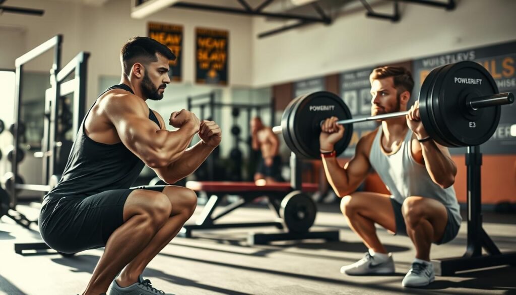 A dynamic fitness scene showcasing a three-day deload program focused on powerlifting exercises: in the foreground, a powerlifter is performing a squat with proper form, wearing a fitted athletic top and shorts, demonstrating strength and concentration. In the middle ground, a bench press station features a detailed set up with weights, while another athlete prepares for a deadlift, exuding determination and focus. The background consists of a modern gym with well-organized equipment and motivational posters. The lighting is bright and natural, enhancing the energy of the space, with shadows cast dynamically across the gym floor. The overall atmosphere is inspiring and motivational, ideal for visualizing a focused training session. A dynamic fitness scene showcasing a three-day deload program focused on powerlifting exercises: in the foreground, a powerlifter is performing a squat with proper form, wearing a fitted athletic top and shorts, demonstrating strength and concentration. In the middle ground, a bench press station features a detailed set up with weights, while another athlete prepares for a deadlift, exuding determination and focus. The background consists of a modern gym with well-organized equipment and motivational posters. The lighting is bright and natural, enhancing the energy of the space, with shadows cast dynamically across the gym floor. The overall atmosphere is inspiring and motivational, ideal for visualizing a focused training session.