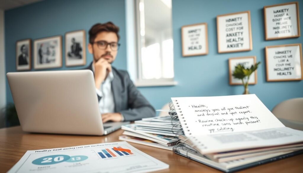 A thoughtful professional in a modern office setting, sitting at a desk with a laptop open, looking contemplative. The foreground features charts and graphs illustrating healthcare costs and anxiety reduction techniques. In the middle, a stack of health-related brochures and a notepad filled with notes about routine check-ups and vaccinations. The background showcases a calming blue wall with framed motivational quotes about health. Soft, natural lighting filters through a window, creating a serene atmosphere. The composition conveys a sense of balance between managing health anxiety and the importance of investing in healthcare. The professional wears business attire, and their expression is one of determination and hope. A thoughtful professional in a modern office setting, sitting at a desk with a laptop open, looking contemplative. The foreground features charts and graphs illustrating healthcare costs and anxiety reduction techniques. In the middle, a stack of health-related brochures and a notepad filled with notes about routine check-ups and vaccinations. The background showcases a calming blue wall with framed motivational quotes about health. Soft, natural lighting filters through a window, creating a serene atmosphere. The composition conveys a sense of balance between managing health anxiety and the importance of investing in healthcare. The professional wears business attire, and their expression is one of determination and hope.