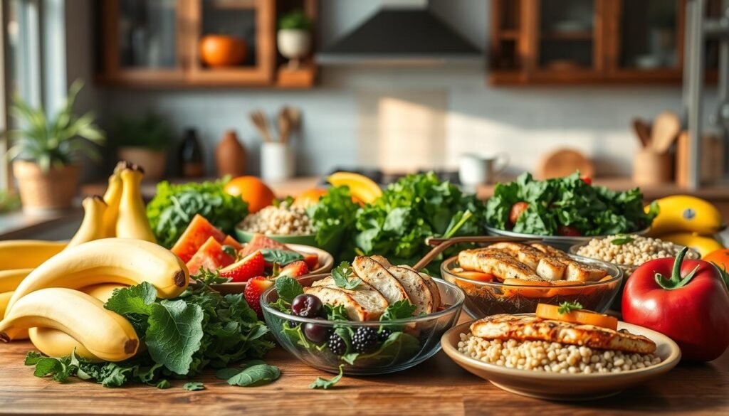 A vibrant display of healthy foods to reduce stomach acid, featuring an array of colorful dishes arranged appealingly on a wooden table. In the foreground, there are fresh fruits like bananas and melons, and leafy greens such as spinach and kale. In the middle, include a selection of light proteins like grilled chicken, fish, and quinoa bowls, garnished with herbs. The background showcases a softly blurred kitchen setting with warm, natural sunlight illuminating the scene, creating a cozy atmosphere. Use a shallow depth of field to focus on the food, ensuring each item is enticing and fresh. The overall mood is uplifting and inviting, perfect for promoting a healthy lifestyle. A vibrant display of healthy foods to reduce stomach acid, featuring an array of colorful dishes arranged appealingly on a wooden table. In the foreground, there are fresh fruits like bananas and melons, and leafy greens such as spinach and kale. In the middle, include a selection of light proteins like grilled chicken, fish, and quinoa bowls, garnished with herbs. The background showcases a softly blurred kitchen setting with warm, natural sunlight illuminating the scene, creating a cozy atmosphere. Use a shallow depth of field to focus on the food, ensuring each item is enticing and fresh. The overall mood is uplifting and inviting, perfect for promoting a healthy lifestyle.