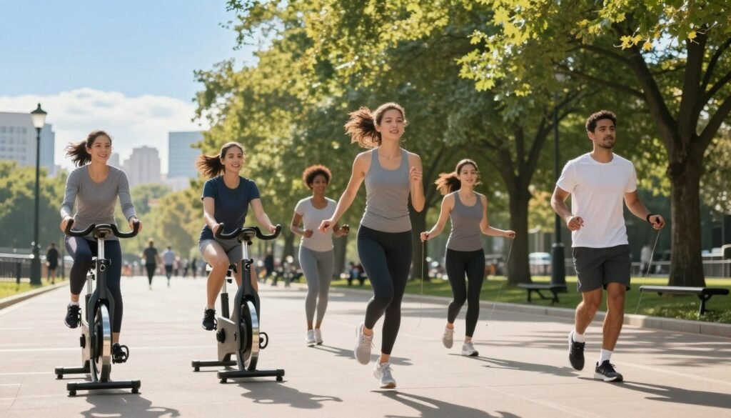 A dynamic scene showcasing the benefits of cardiovascular exercise for metabolism and energy. In the foreground, a diverse group of individuals in professional sports attire engage in various cardio activities, such as jogging, cycling, and jumping rope, exuding energy and vitality. In the middle, a bright and inviting park setting with green trees and sunlight streaming through, reflecting a health-focused environment. The background features a clear blue sky and distant city skyline, symbolizing urban life and wellness. Soft, natural lighting enhances the lively atmosphere, capturing a sense of motivation and well-being. The composition should inspire an active lifestyle, highlighting the correlation between cardio workouts and holistic health benefits. A dynamic scene showcasing the benefits of cardiovascular exercise for metabolism and energy. In the foreground, a diverse group of individuals in professional sports attire engage in various cardio activities, such as jogging, cycling, and jumping rope, exuding energy and vitality. In the middle, a bright and inviting park setting with green trees and sunlight streaming through, reflecting a health-focused environment. The background features a clear blue sky and distant city skyline, symbolizing urban life and wellness. Soft, natural lighting enhances the lively atmosphere, capturing a sense of motivation and well-being. The composition should inspire an active lifestyle, highlighting the correlation between cardio workouts and holistic health benefits.