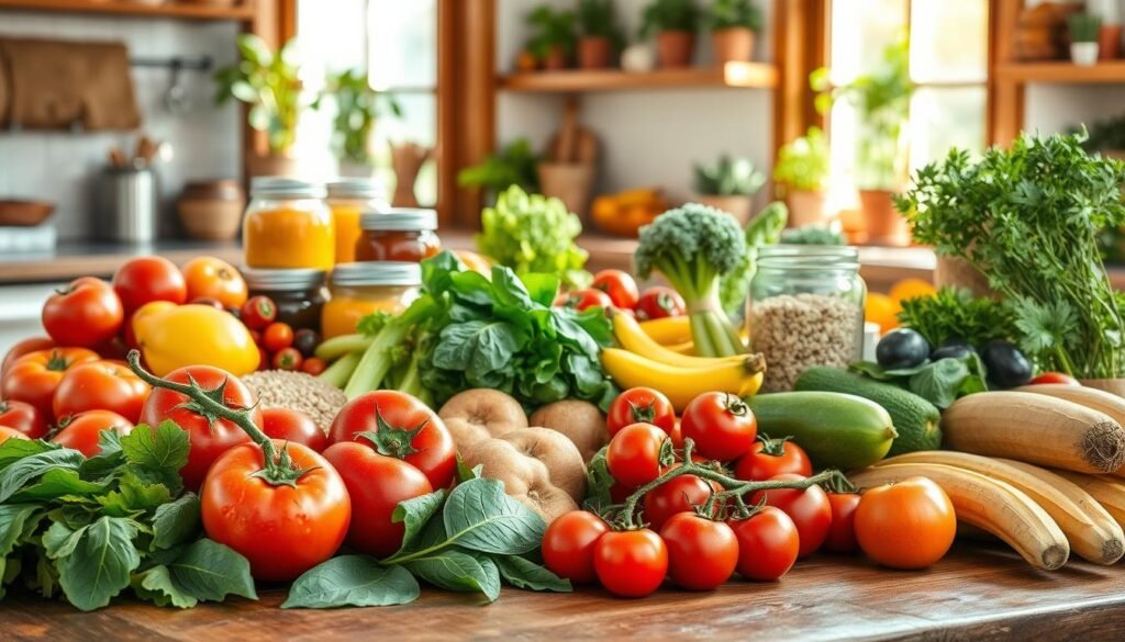A vibrant, colorful display of seasonal and local nutritious foods laid out on a rustic wooden table. In the foreground, showcase a variety of fresh fruits and vegetables, such as ripe tomatoes, leafy greens, and tropical fruits, with droplets of water glistening under soft, natural light. In the middle ground, include jars of homemade preserves, grains in burlap sacks, and herbs in small pots, illustrating the essence of local sourcing. The background features a sunlit kitchen with potted plants, emphasizing a warm, inviting atmosphere. Use warm, natural lighting that enhances the freshness of the ingredients, captured from a slightly elevated angle to provide a comprehensive view. The mood evokes a sense of health, sustainability, and affordability in a cozy, inviting setting. A vibrant, colorful display of seasonal and local nutritious foods laid out on a rustic wooden table. In the foreground, showcase a variety of fresh fruits and vegetables, such as ripe tomatoes, leafy greens, and tropical fruits, with droplets of water glistening under soft, natural light. In the middle ground, include jars of homemade preserves, grains in burlap sacks, and herbs in small pots, illustrating the essence of local sourcing. The background features a sunlit kitchen with potted plants, emphasizing a warm, inviting atmosphere. Use warm, natural lighting that enhances the freshness of the ingredients, captured from a slightly elevated angle to provide a comprehensive view. The mood evokes a sense of health, sustainability, and affordability in a cozy, inviting setting.